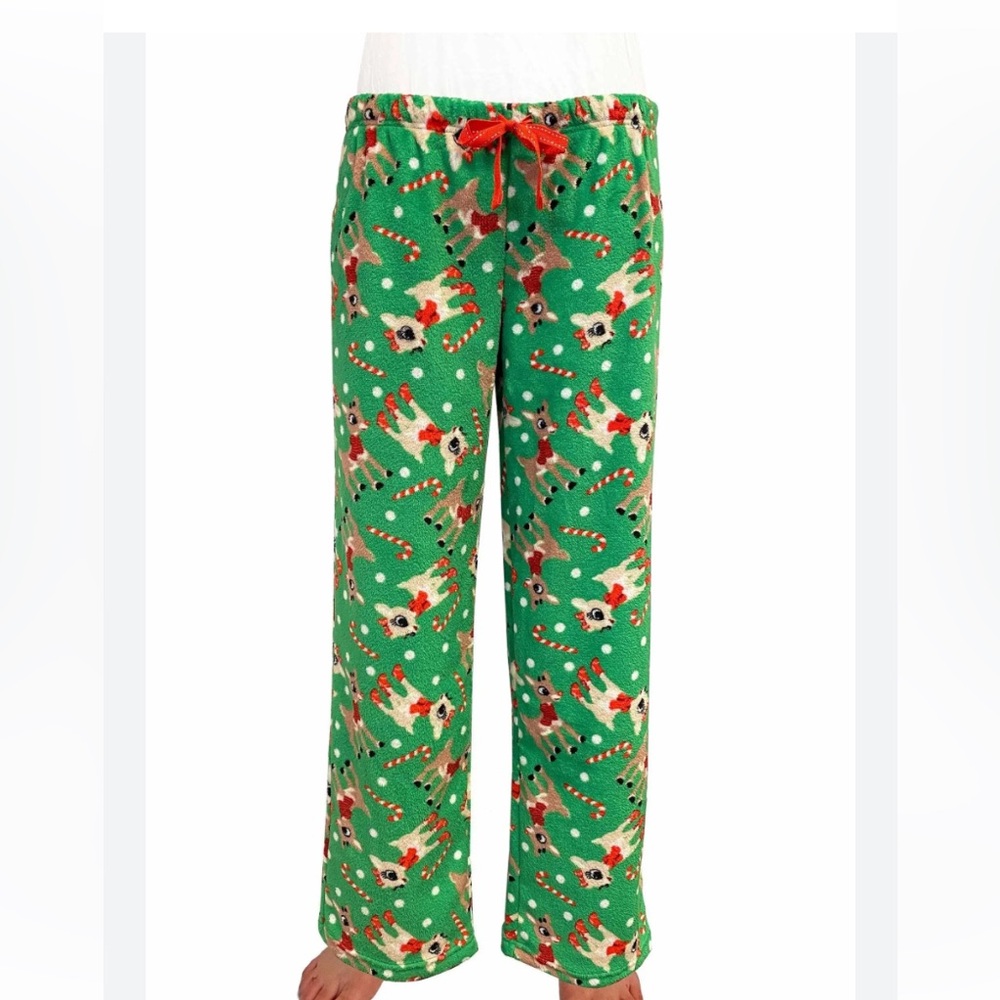 Rudolph & Clarice Candy Cane Toss Plush Pajama Pants size Medium Green Red